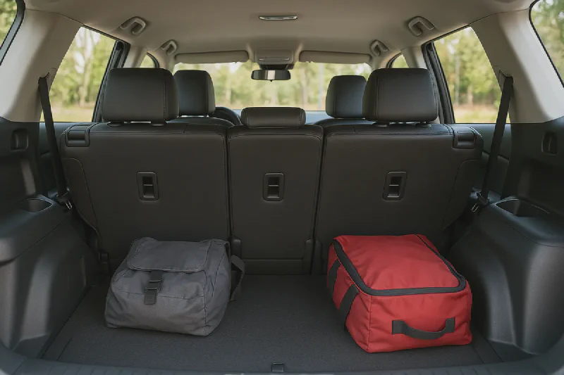 Interior view of a seven-seater SUV third row with the small boot space behind the raised rear seats