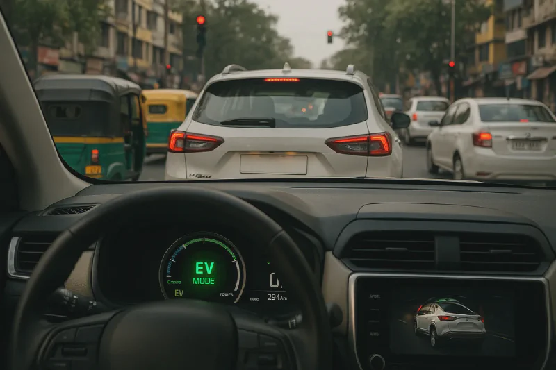 A modern hybrid SUV at a city traffic signal, the kind of stop-go driving where a strong hybrid saves the most fuel
