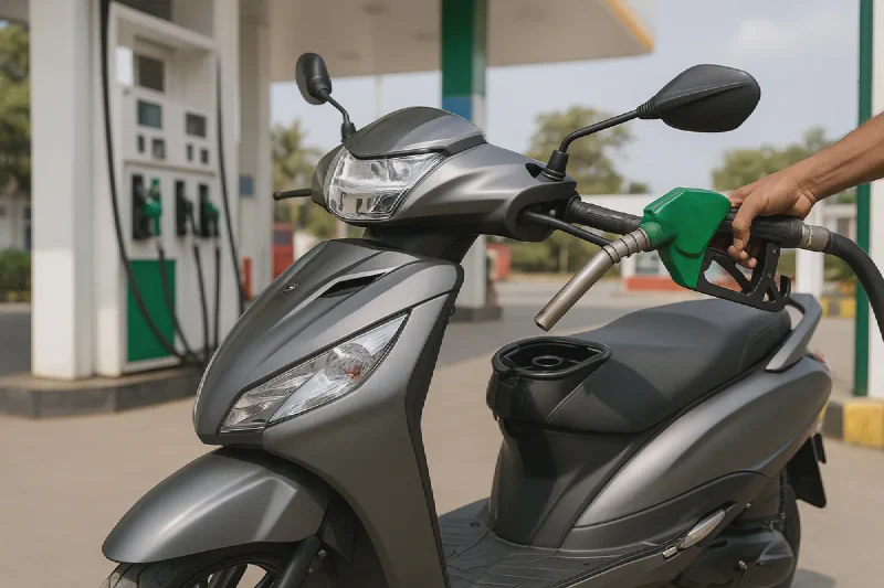 A 125cc scooter being refuelled at an Indian petrol pump, illustrating running cost and mileage