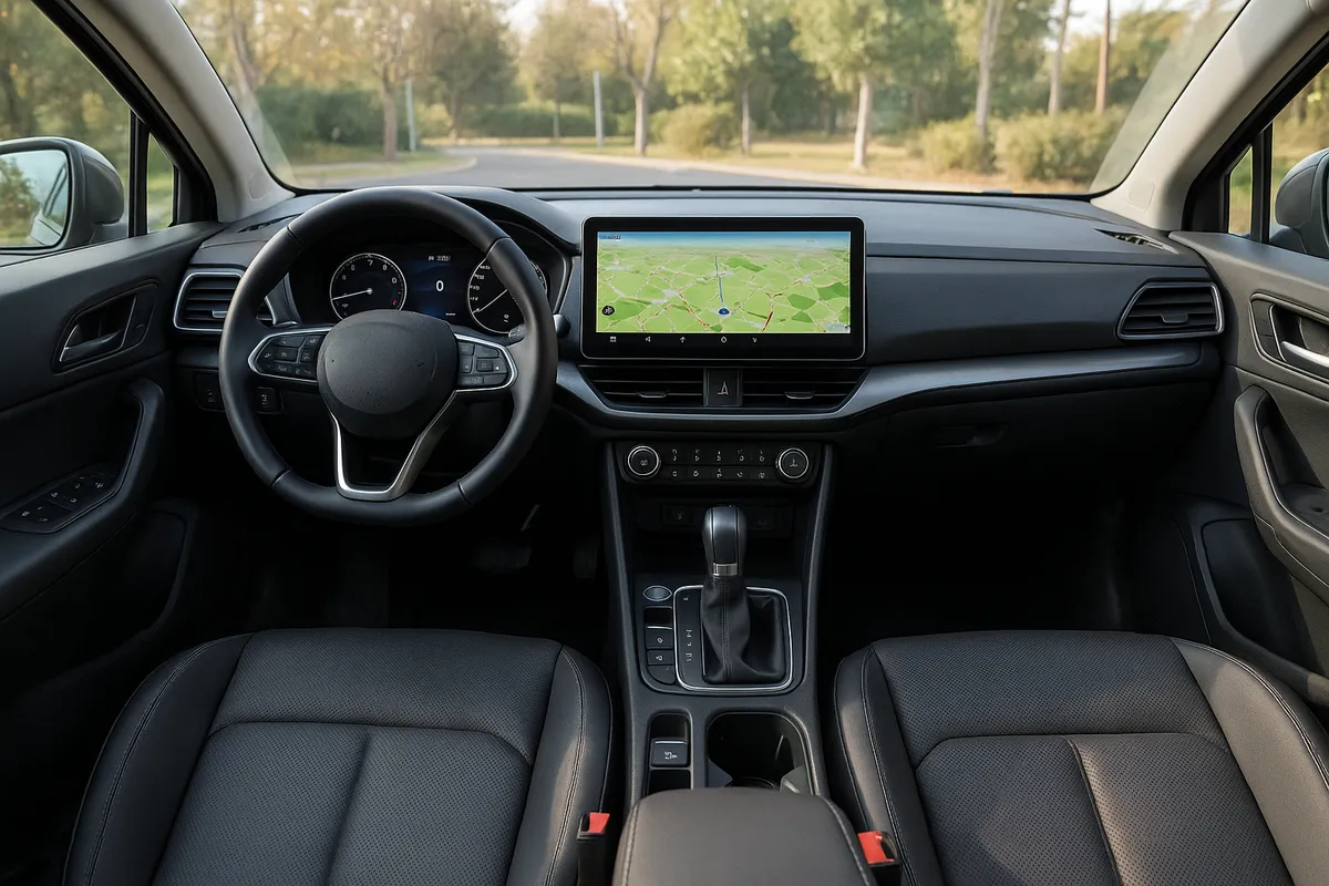 Modern compact SUV cabin with a large landscape touchscreen and digital driver display