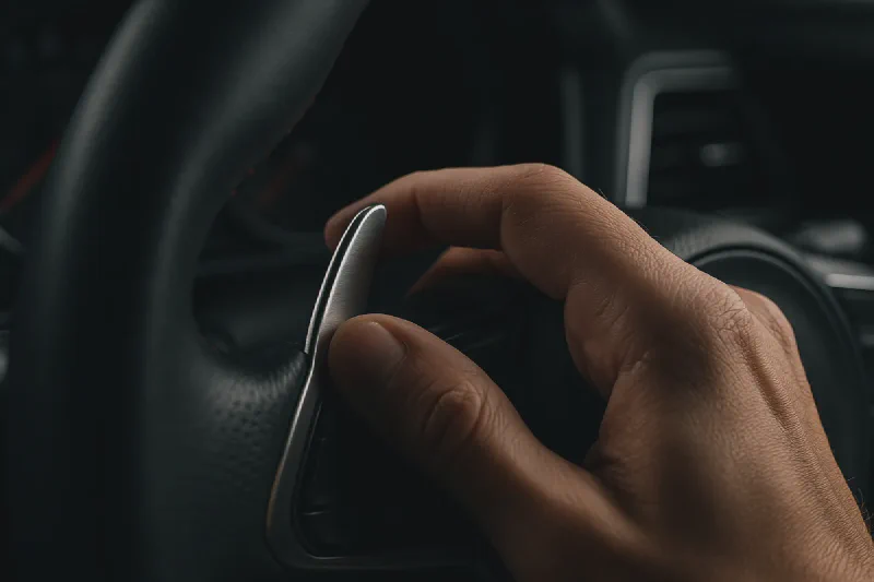 Driver pulling an upshift paddle behind the steering wheel