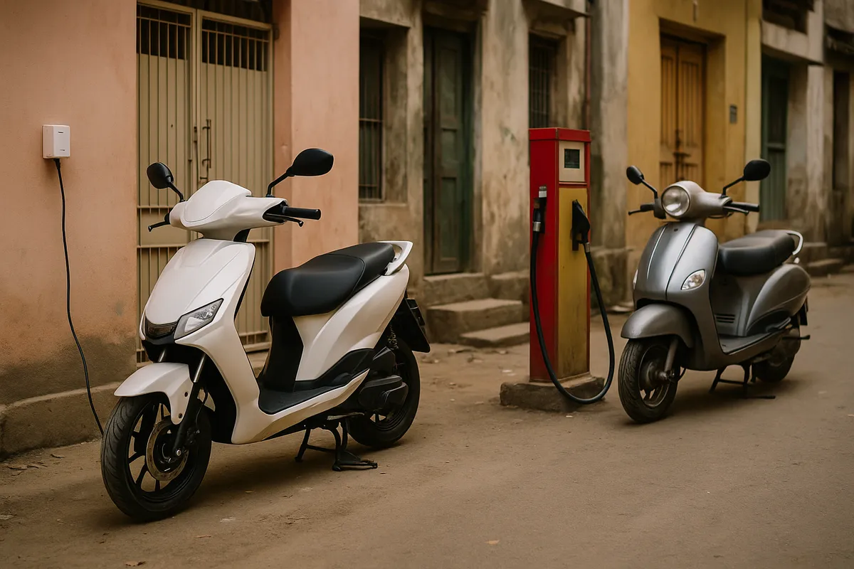 Electric scooter charging at a home socket beside a petrol scooter at a fuel pump on an Indian street