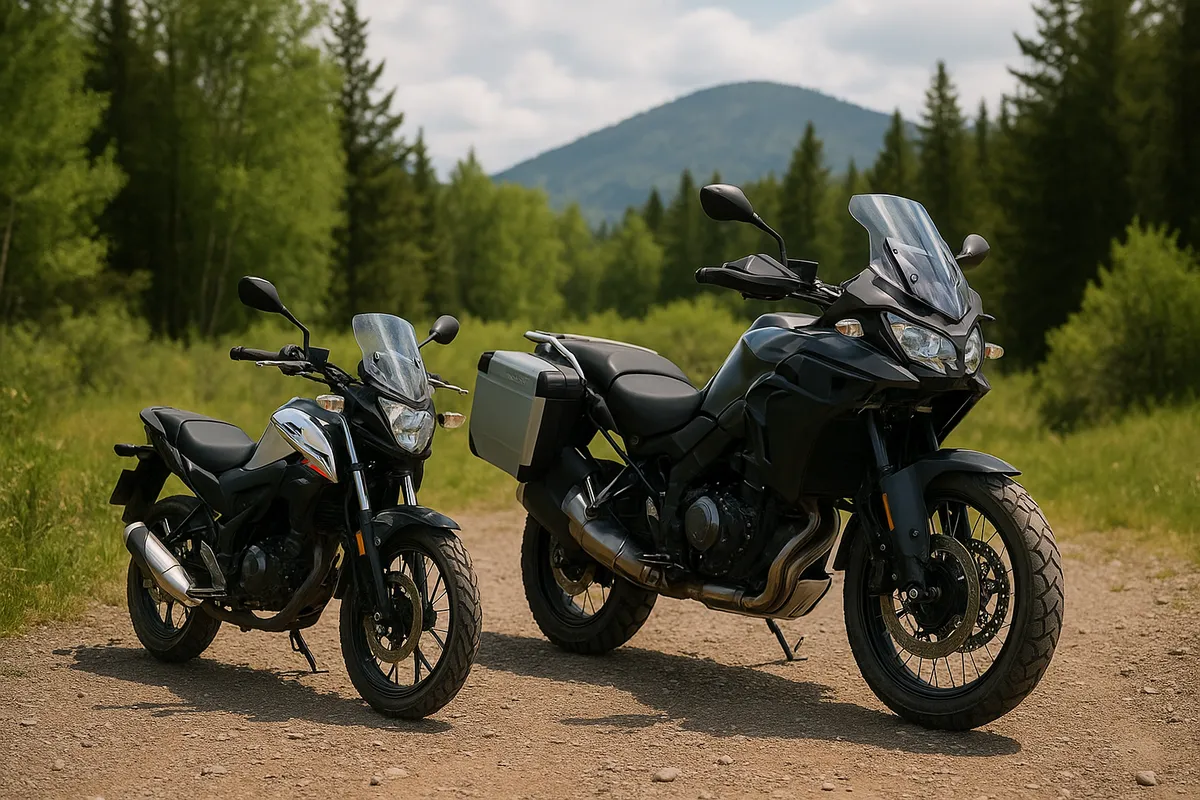 A small entry-level adventure motorcycle parked beside a large touring adventure bike showing the size difference