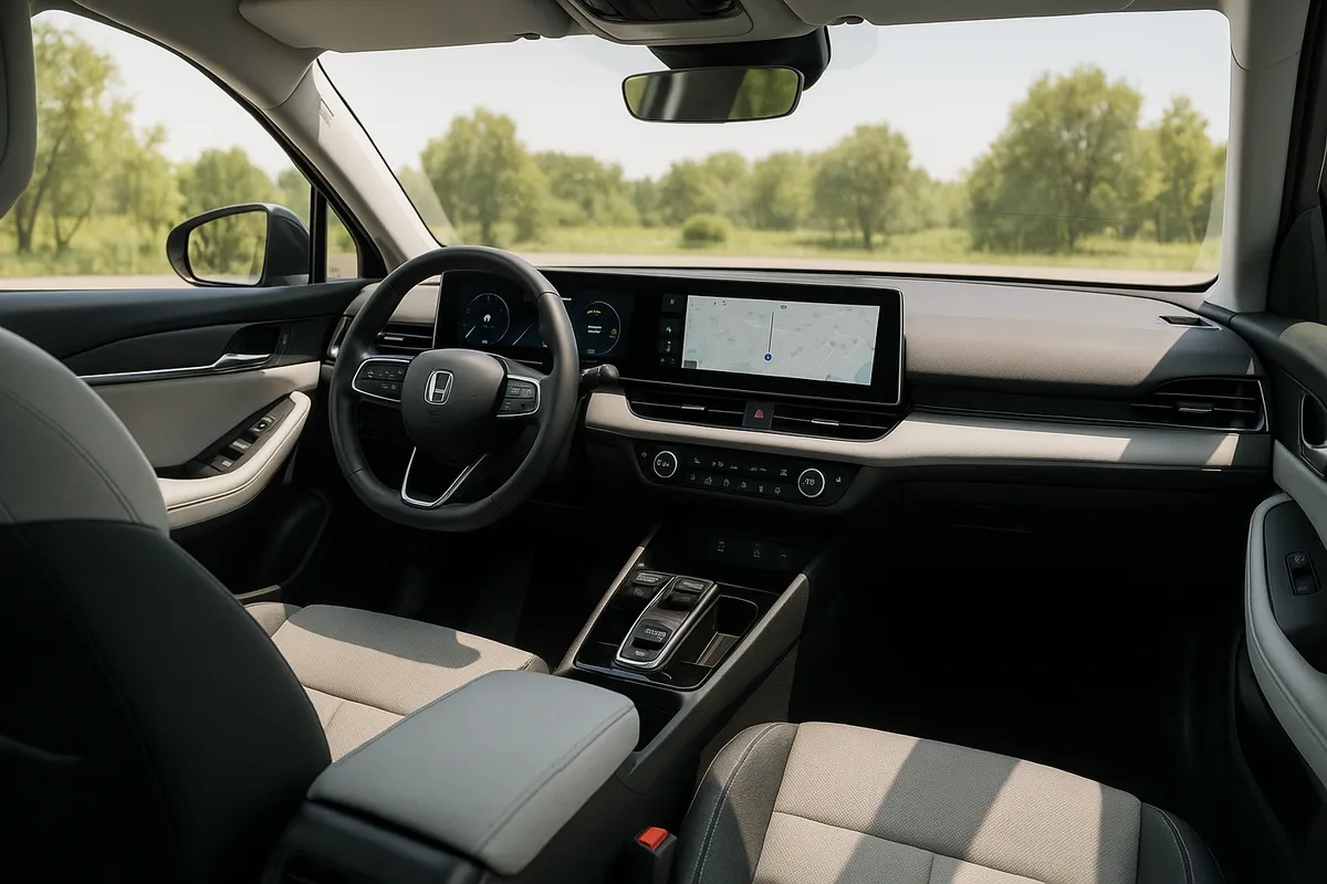 Modern electric SUV cabin with a wide panoramic dual-screen dashboard and minimalist steering wheel