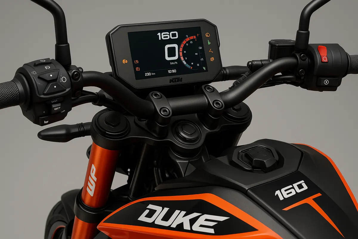 KTM 160 Duke LCD instrument cluster, switchgear and orange WP front forks close-up