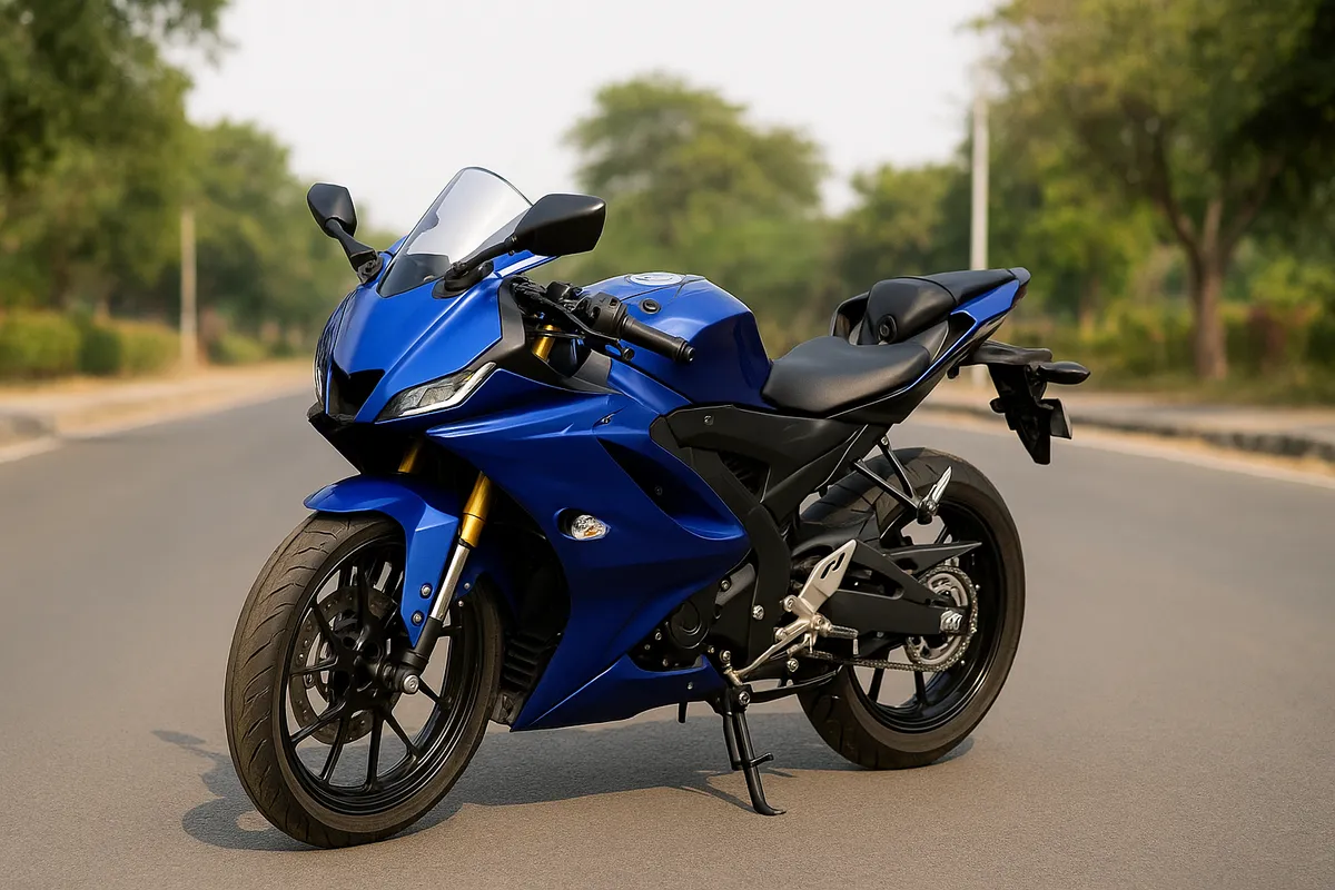 Blue Yamaha R15 V4 sportbike parked on an Indian road, the benchmark new Yamaha bike for sporty riders