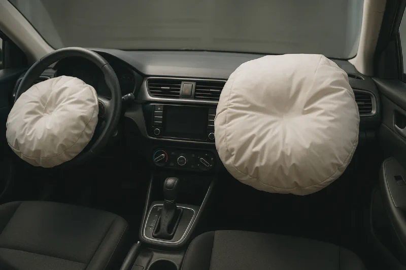 Safest Cars in India 2026 (Bharat NCAP Ranked) Front airbags deployed in a car cabin during a crash test, illustrating occupant protection