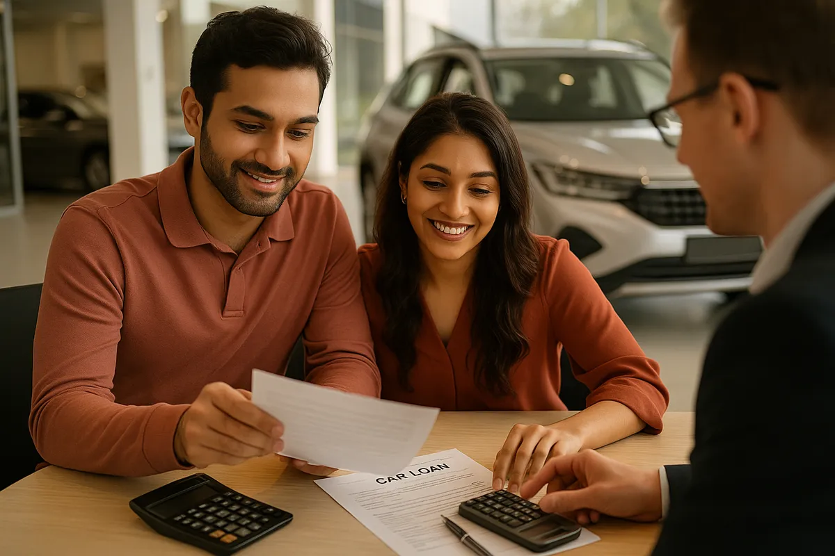 Indian buyer working out a car loan EMI at a dealership desk
