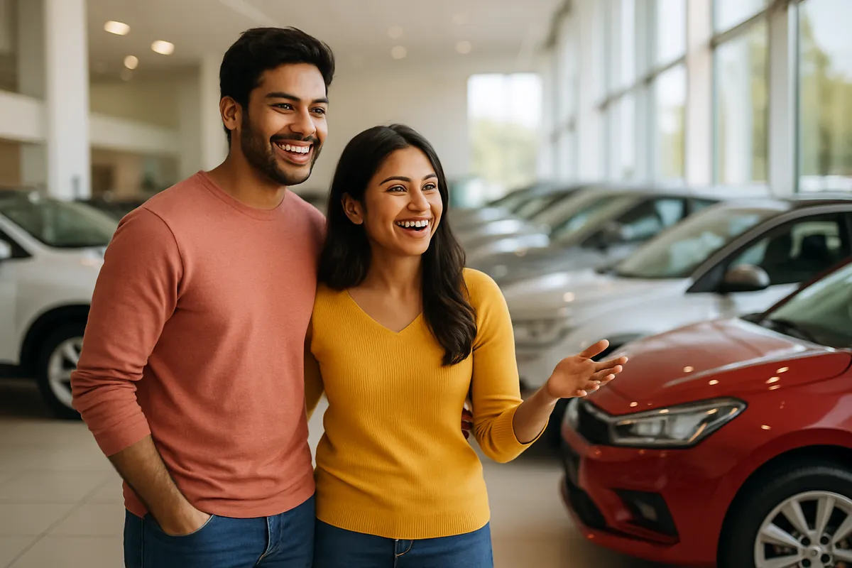 Young Indian couple choosing a new car in a bright showroom