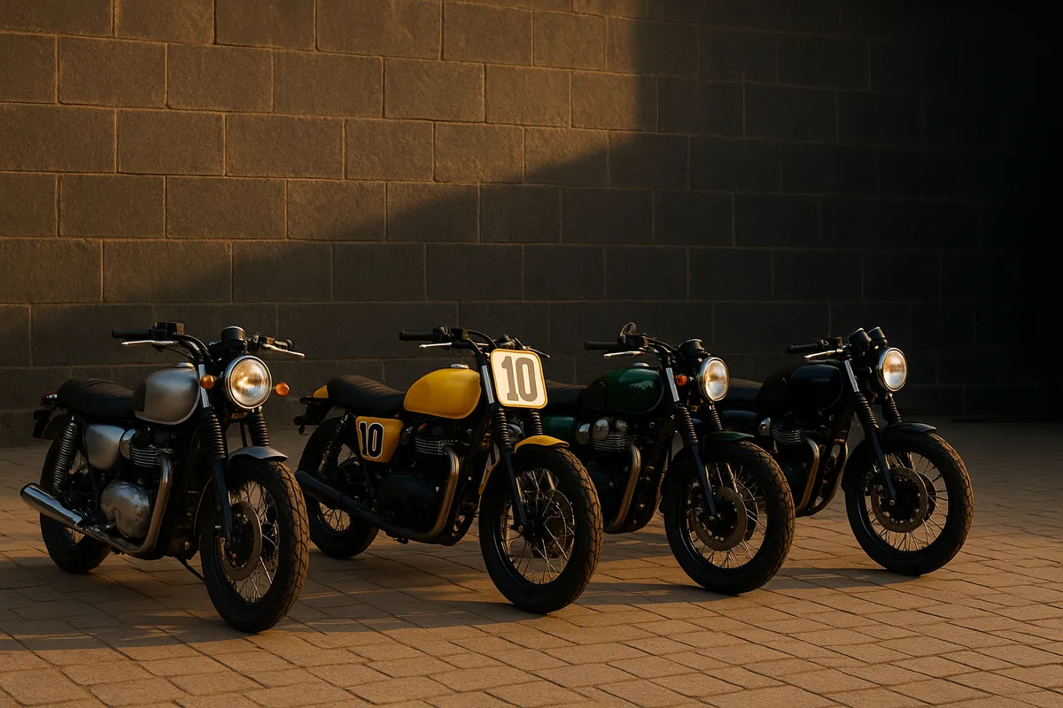 Row of modern classic motorcycles in roadster, flat tracker, scrambler and cafe racer styles parked together