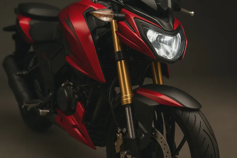 TVS Apache RTR 200 4V golden USD front forks, disc brake and LED headlamp detail
