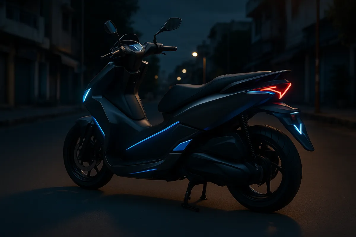 Ultraviolette Tesseract electric maxi-scooter concept in charcoal with blue accents