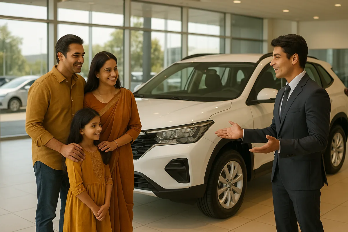 Indian family looking at a new white SUV inside a bright car showroom with a salesperson