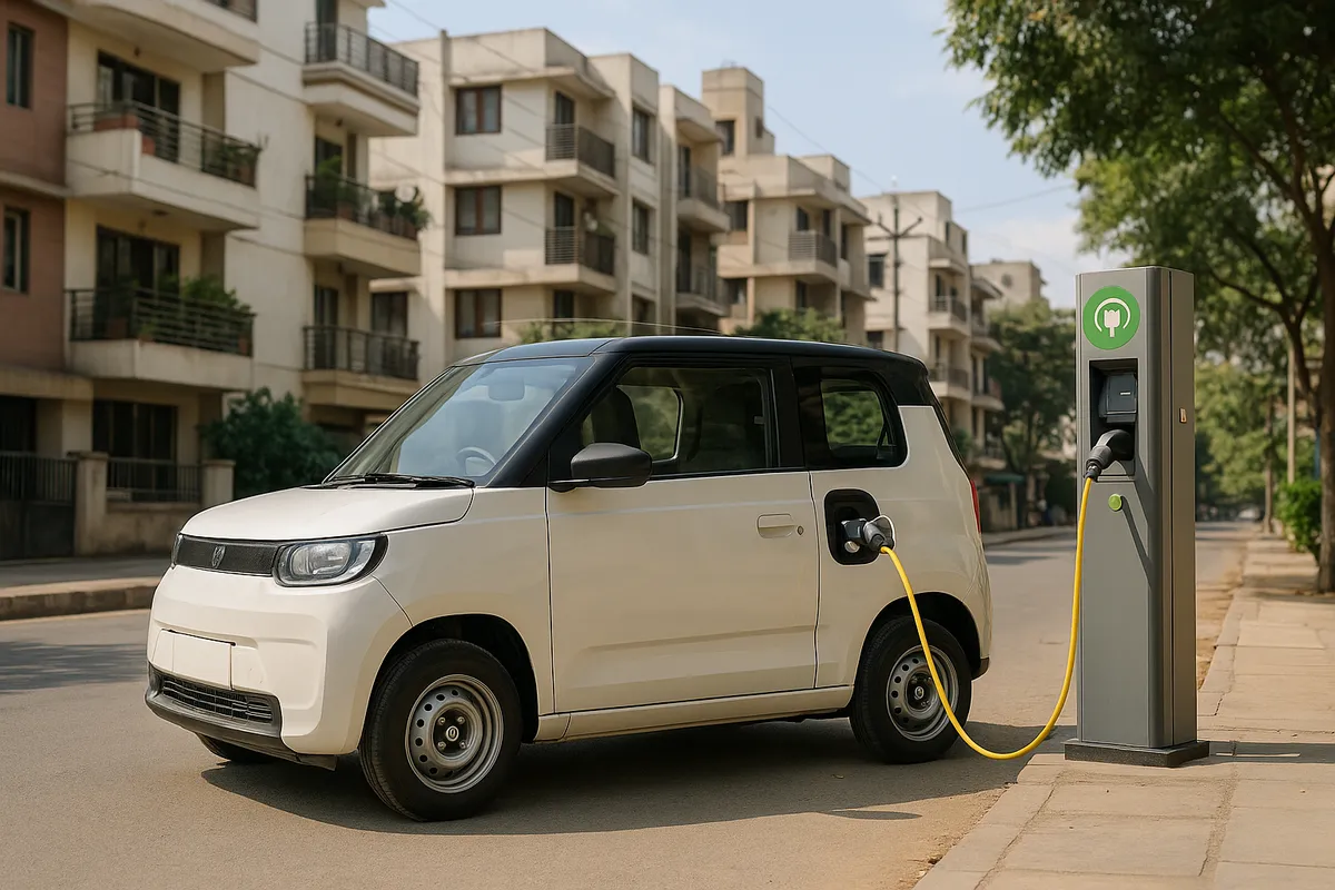 Small boxy electric city car charging at a public charging point in an Indian neighbourhood