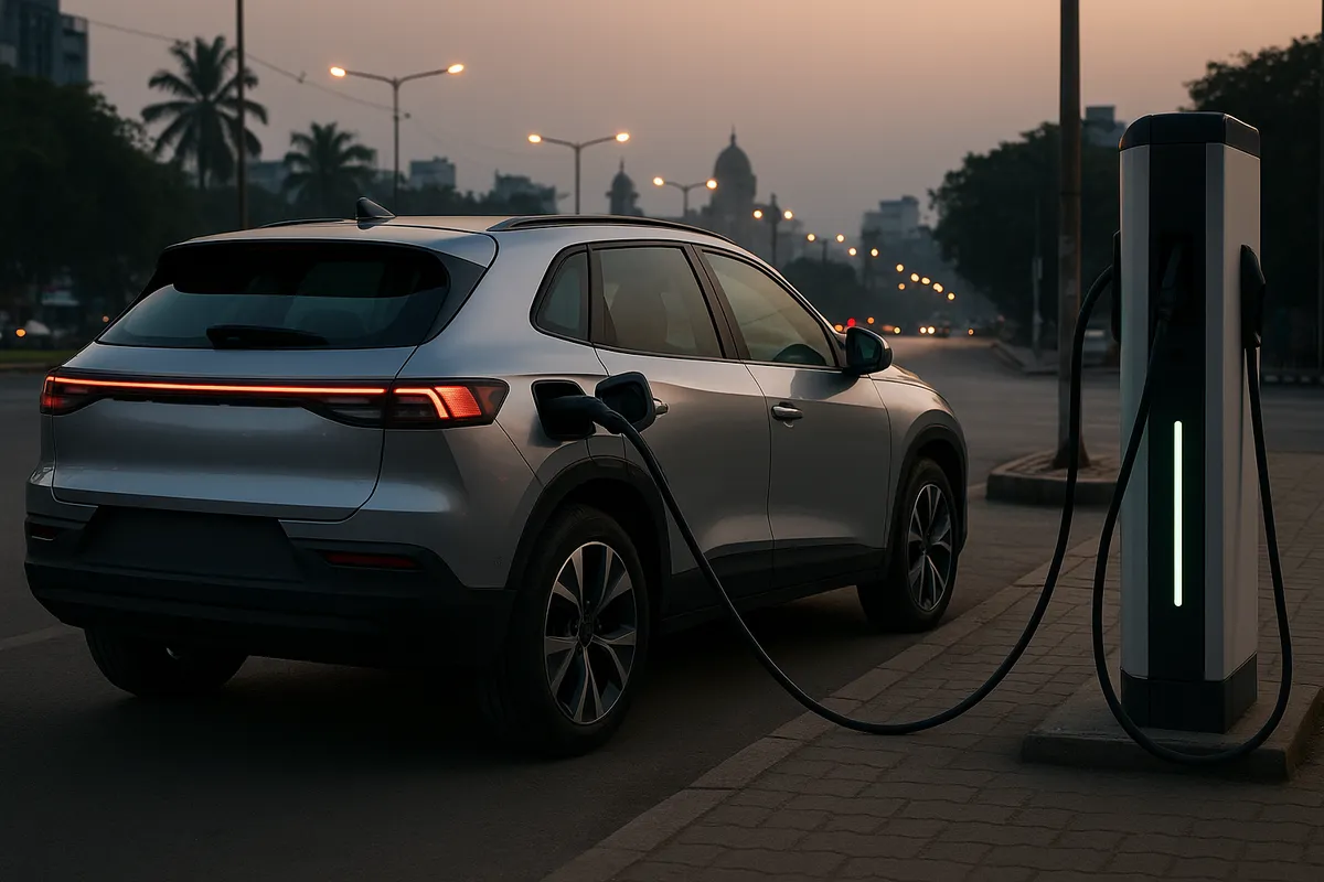 Modern electric SUV charging at a public station in an Indian city at dusk