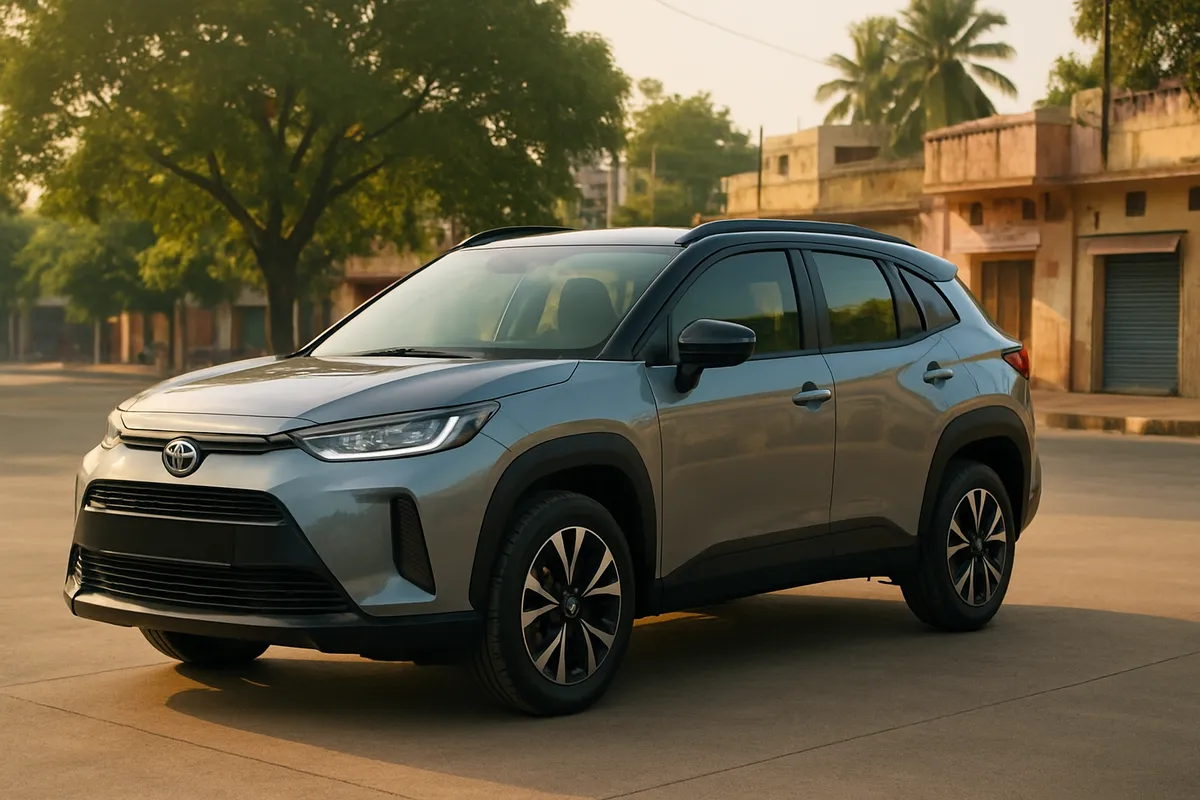 Compact hybrid SUV parked at a fuel station forecourt in an Indian town