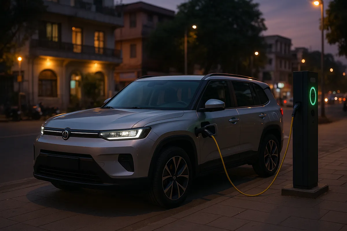 Boxy modern electric midsize SUV charging in an Indian city setting at dusk